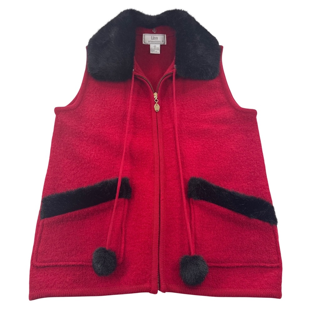 Lisa International Vintage Red Boiled Wool Vest Removable Faux Fur Collar Size S